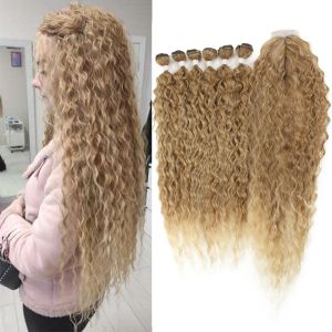 Weave Weave Classic Plus 30 tum djup vågig syntetiska hårbuntar med spetsstängning ombre blond 613 rött grått lockigt hår för kvinnor