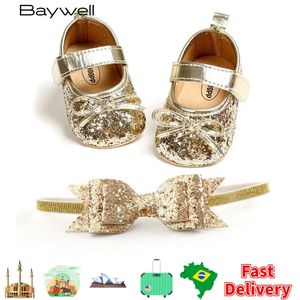 Cekinowe buty dla niemowląt skórzane maluch dziewczyna Pierwsze spacerowicze zestawy opaski na głowę Bowknot Sofe Sole Hook Loop Bling dla dziewcząt 240313