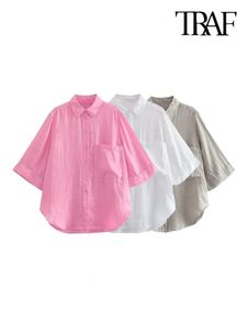 ONKOGENE Frauen Mode Mit Tasche Lose Leinen Shirts Vintage Drei Viertel Ärmeln Buttonup Weibliche Blusen Blusas Chic Tops 240322