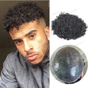 Toupees Toupees 12mm Afro Kinky Curly Toupee African American Human Hair Man Super Hållbart tunt PU -ersättningssystem Microskin Prosthesi