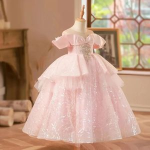 Jill Elegant Arabic Pink Girl Dress Paljett Dubai Kids Princess Birthday Wedding Party First Communion Ball Gown 2024 J221 240312