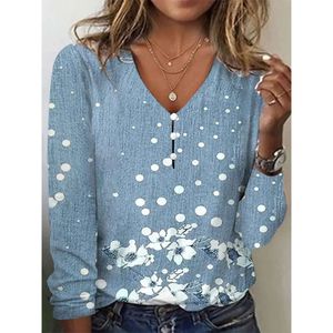 Designer feminino moda casual camiseta primavera e verão novo decote em v estrelado céu gravata tingido pérola botão manga longa camiseta moletom feminino topos impresso hoodie58fe