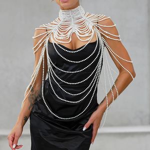 Women Pearl Shawl Necklaces Body Chain Sexy Beaded Collar Shoulder Pearl Bra Top Sweater Chain Wedding Dress Body Jewelry240312