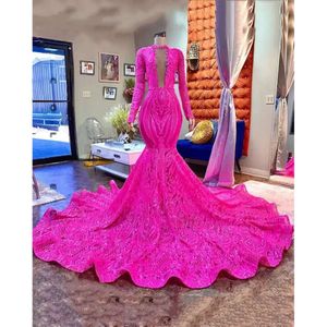 Mermaid Prom Fuchisa Dresses Rosa Red African Black Girl Long Sleeves Sparkly Sequin Lace Party Evening Gowns