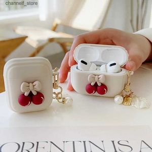Earphone Accessories Korean Silicone Red Cherry Soft Case For AirPods Pro 2 3 1 Wireless Bluetooth Earphone Charging Box Cover with Pearl KeyringY240322