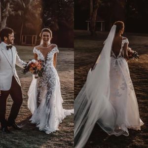 Boêmio uma linha vestidos de casamento 2024 ilusão sheer pescoço manga curta rendas apliques vestidos de noiva plus size vestido de casamento