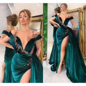Arabic Aso Veet Ebi Prom Dresses Mermaid Long Peplum Sparkly Crystals Beaded Off Shoulder Evening Reception Gowns Sexy Split Plus Size Vestidos