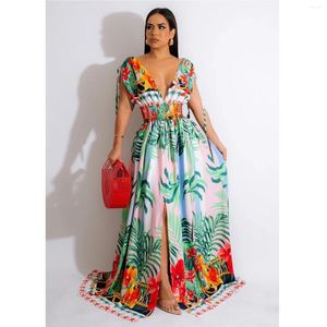 Mulheres vestido de verão 2024 para praia cobrir capa maiô kaftan coreano senhoras moda flor longo sem mangas volta v pescoço feminino