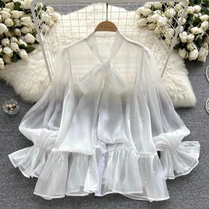 Kadınlar bluzlar Bandaj Bowknot Fener Sleeve Blusas Light Lüks Beading Tek Bravatalı Hafif Şeffaf Benzersiz Şık Kadın Gömlekleri