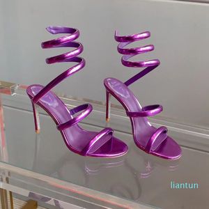 2024 Purple Mirror Sandal Ankle Snake Strass Dress Designers Shoes