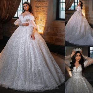 Abito da sposa abito da ballo principessa scintillante paillettes di spalle abiti da sposa perle personalizzate abiti da sposa a maniche lunghe