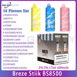 Original BREZE STIIK BS8500 Puff E Cigarros Caneta Vape Descartável 600mAh Bateria Recarregável 16 Sabores 2% 5% Capacidade 17ml Goma Mint