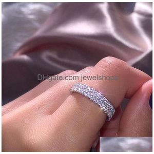 Anéis de cluster mais recente design criativo luxo diamante jóias mulheres 925 esterlina sier natural branco safira três fileira anel de noivado d dhiyp