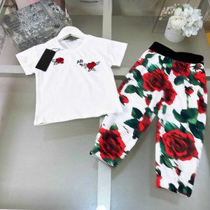 Brand kids designer clothes baby tracksuits Size 90-150 CM Summer two-piece set girls T-shirt and Red floral printed pants 24Mar