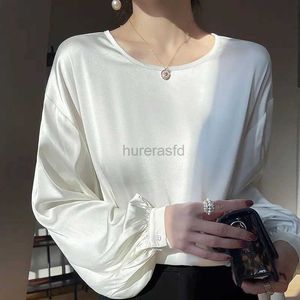 Women's T-Shirt 2024 Spring Loose Womens Shirt Solid Office Womens Top O-neck Long sleeved T-shirt Satin Lantern Cuff Womens Clothing 240323