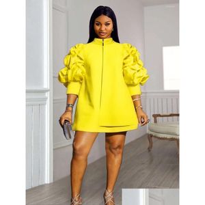 Plus Size Kleider 4XL Mini Etuikleid Damen Stehkragen Puffärmel Reißverschluss Roben Vintage Party Club Events Tragen Trendy Herbst Winter 2022 Otsle