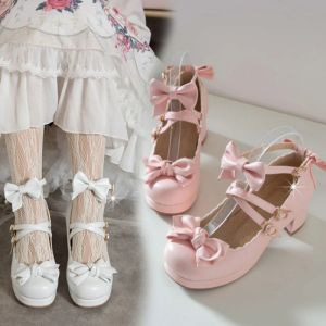 Pumps Sweet Bow Strap Mary Jane Shoes Woman Solid Color High Heel Platform Pumps Women Pink Lolita Ladies Colsplay Party Shoes