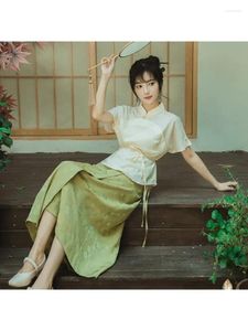 Этническая одежда, зеленый женский улучшенный комплект платья ханьфу в китайском стиле с традиционной жаккардовой полуюбкой, костюм Тан, топ
