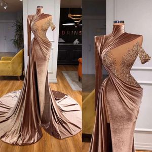 Elegant Veet New Mermaid Prom Dresses Long Cap ärms paljetter SIDA SLIT Women Pageant Evening Dressing Clows