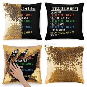 Pillow Case My Perfect Day Video Games T Shirt Funny Cool Gamer Gift Sequin Pillowcase Cafe Home Decor Color Changing Fun Compute