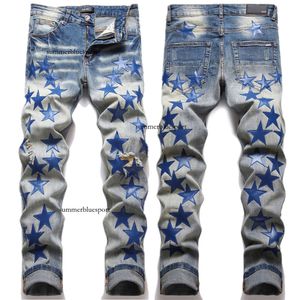 High Street New Broken Blue Patch Slim Fit Small Foot Full Sky Star Elastic Jeans Men's Fashion