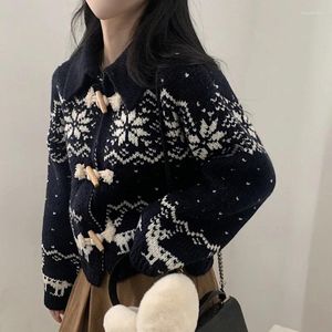 Women's Knits Korean Jacquard Horn Button Cardigan Women Chic Vintage Loose Knitted Sweater Autumn Winter Long Sleeve Lapel Lady Thicken