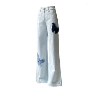 Kvinnors byxor kvinnor jeans avslappnade byxor stilfull hög midja med lapptäcke brett ben design retro denim för en