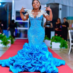 2024 ASO EBI Blue Mermaid Prom Dress Beaded Crystals Lace Evening Formal Party Second Reception 50th Birthday Engagement Gowns Dresses Robe de Soiree ZJ35