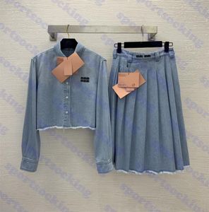 Denim vestido de duas peças para mulheres marca das mulheres camisas saia longa carta bordado recortado jaqueta vestidos2986998