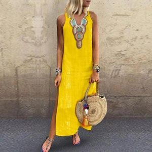 Abiti casual Elegante Bar Abito lungo da donna Vintage Boho Stampato senza maniche con scollo a V Maxi Ladies Split Hem Baggy Kaftan Vestidos