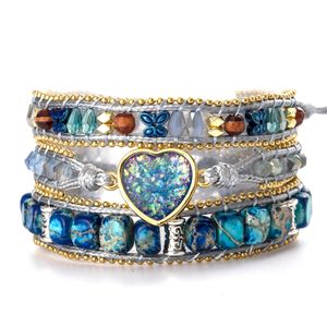 Blue Sparkling Opal Heart Imperial Stones Butterfly Spacers Beaded Wrap Bracelets Cord Thread 240315