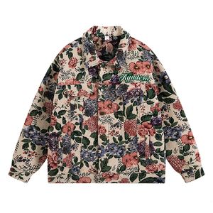 Män blomma jacquard väv jacka mode lösa bokstäver tryck denimrock streetwear full hylsa topp ytterkläder 240309