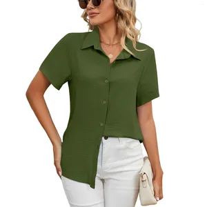 Kvinnors blusar Casual Löst montering Kort ärmknapp V-ringning Solid Color Shirt Top