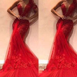 Elegant prom röd klänningar en axel applikationer pärlor tyll långa vestidos fest afton klänningar slitage