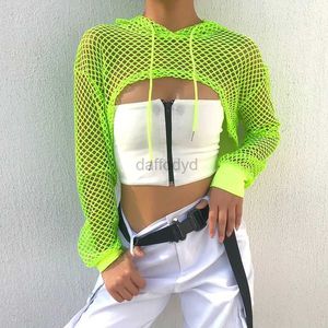 T-shirt das mulheres Roupas de rua Neon Green Mesh Fish Net Top Womens T-shirt Perspectiva Fumar Mangas Compridas Mulheres T-shirt Sexy Corte Camisa 240322