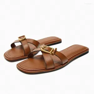 Tofflor Traf Brown Leather for Women 2024 Summer Sandals Ladies Fashion Round Toes Flats Female Beach Casual Flip Flops