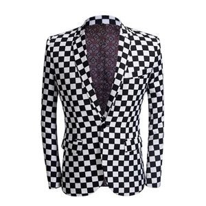 Masculino preto e branco xadrez impresso terno masculino fino ajuste terno conjunto blazers cantor traje mariage casual noite festa bar casaco 240318