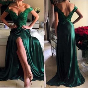 Abiti da ballo per feste A Line Abiti da sera formali sexy con spalle scoperte in pizzo con spacco alto e spacco alto verde scuro