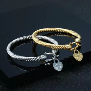 Titanium Steel Bangle Cable Wire Gold Color Love Heart Charm Bangle Armband med krokstängning för kvinnor Män bröllop smycken gåvor1 28jr#