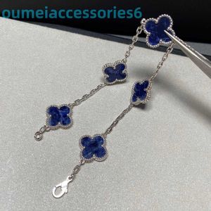 2024 Marka projektanta biżuterii Vanl Cleefl ArpelsBracelet Natural Blue Peter Stone Clover Five Bransoletka kwiatowa Srebrna Gruba Fanjiadai