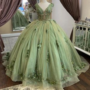 Sage 3D Floral Appliques Princess Quinceanera Dresses Crystal Beaded Vestido De 15 Anos Tank Sleeveless Floor Length Tulle Sweet 15 Prom Dress Back Lace-Up