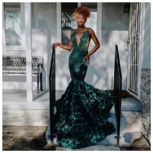 African Green American Prom Dresses Mermaid Sheer Sequins Floral Beaded Black Girls Nigeria Robe De Soiree Evening Dress Gown