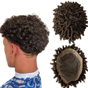 Substituição de cabelo humano virgem indiano, cor de sobrancelha média 4 # espiral curvada 8x10 mono com peruca pu para homens negros