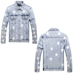 Street Fashion Brand AM Elastic Winter Edged Tassel White with Five Pointed Star Denim Jacket for Trendy Men