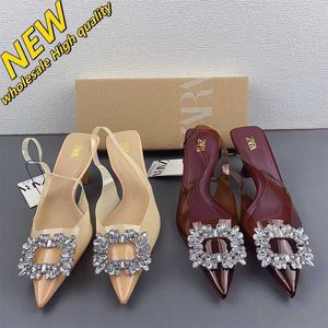 Billig butik 90% rabatt i grossist ZA 2024 Autumn Product Womens Shoes Beige Rhinestone Decoration Inlaid High Heels Pointed Grunt Mouth PVCR Sandals