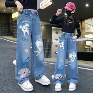 Jeans för flickor 2024 mode tecknad tryckt långa denimbyxor tonåringar barn söta hundmönster breda ben byxor 5 7 9 11 13 14y 240318