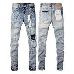 Lila varumärke män jeans mode mens jeans high street blå rippad lapp ljus 2024 trendbyxor