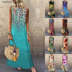 Grundläggande avslappnade klänningar 2023 Summer Womens Elegant Sleeveless Print A-Line Round Neck Casual Party Dress Bohemian Beach Q240322