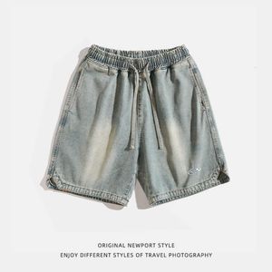 Old Washed Workwear Denim Shorts for Men's Summer New Trendy Embroidery Japanese Casual Loose Drawstring Capris