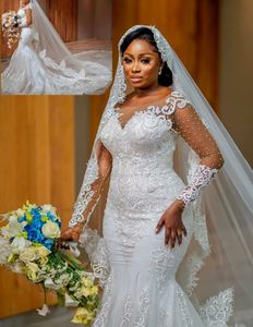 Luxo rendas sereia vestidos de casamento sheer mangas compridas pérola frisado vestidos de casamento africano plus size vestidos de noiva bc15031 0322